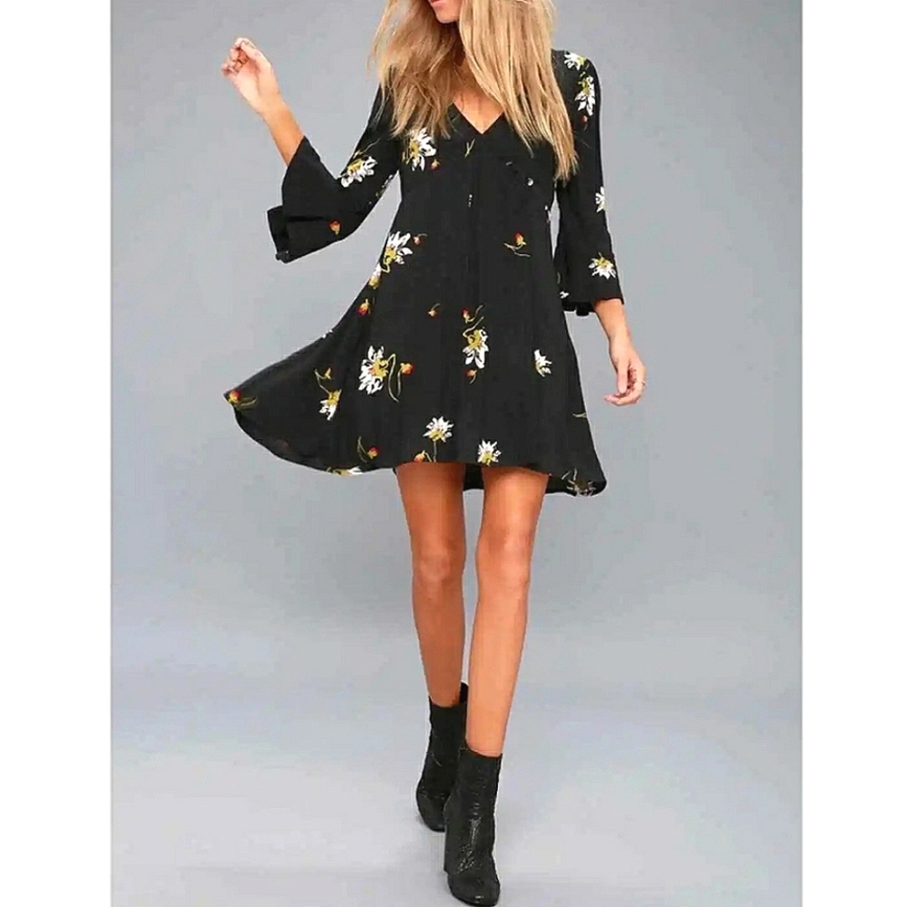 Free People Time on My Side Black Floral Print long sleeve Mini Wrap Dress